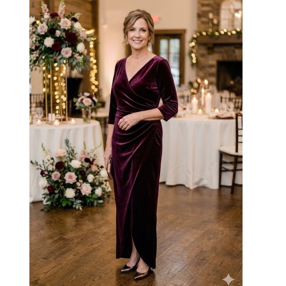 Alex Evenings Women 18 Faux Wrap Plum Velvet Gown Formal Mother of the Bride